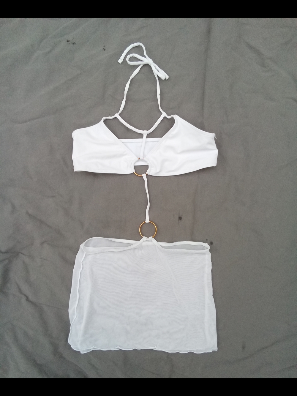 White Halter Lingerie/costume Set with Gold Ring Accents